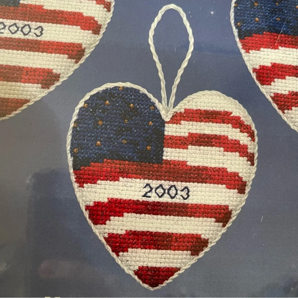 Candamar Designs 2002 Counted Cross Stitch Three Patriotic Heart Ornament #51385